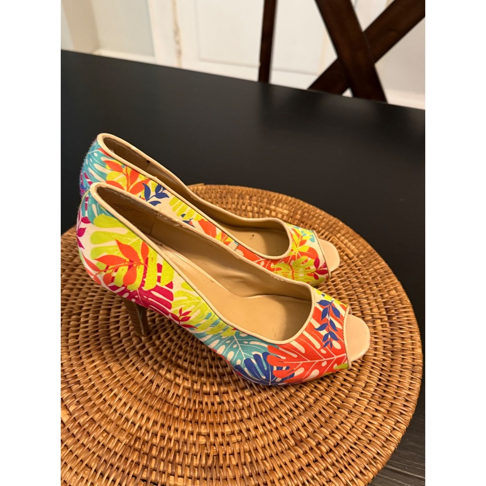 Tropical Peep‎ Toe Platform Pumps Hawaiian Leaf Print Multicolor Heels Size 9M
